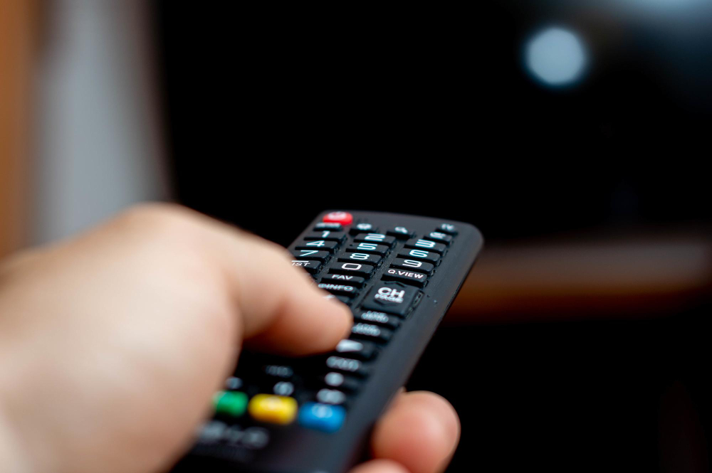 Male Hand Holding Tv Remote Trying Turn Tv