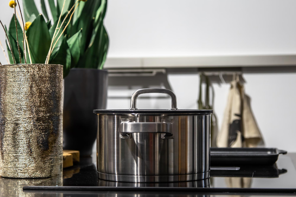 Closeup Modern Steel Pan Interior Kitchen