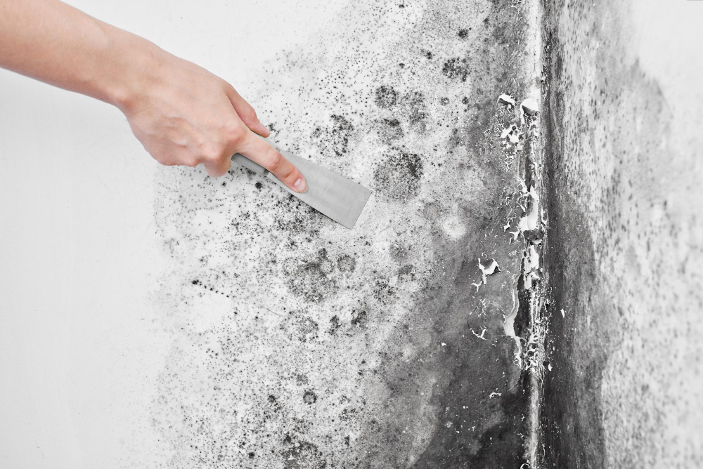 Disinfection Mold Hand With Spatula Removes Black Fungus From White Wall Aspergillus