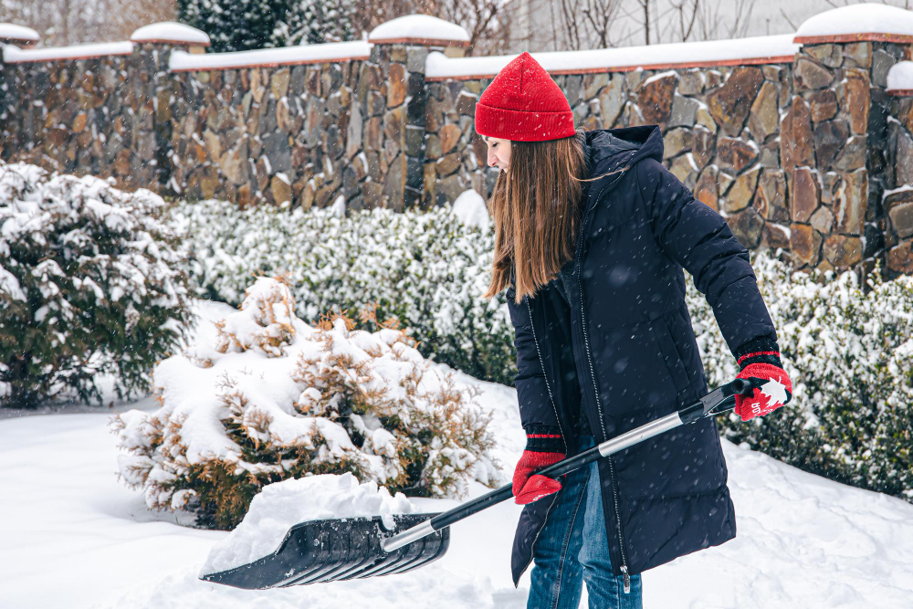 Young Woman Cleans Snow Yard Snowy Weather