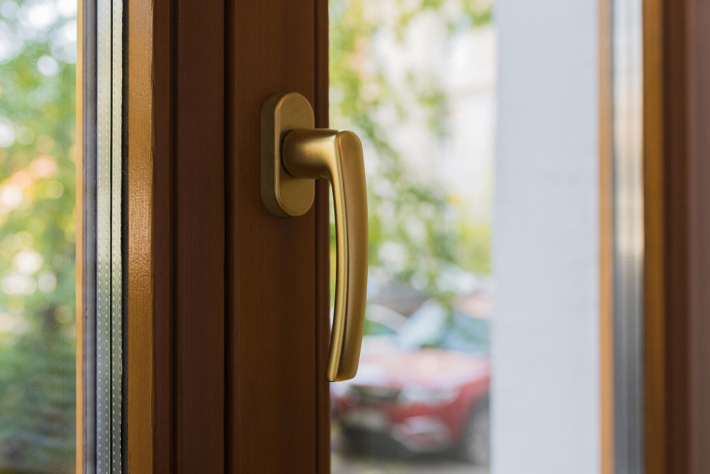 gold-handle-brown-wooden-window-door-with-green-leaves-red-machine-background