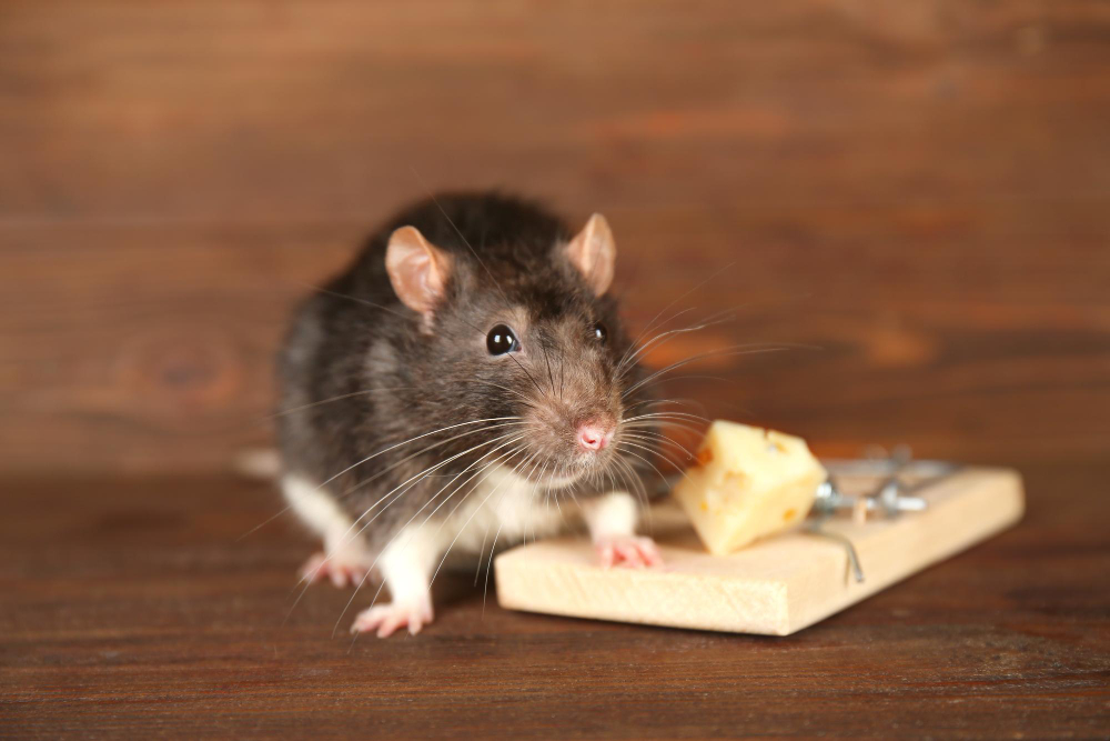 Cute Rat Mousetrap With Cheese Wooden Background