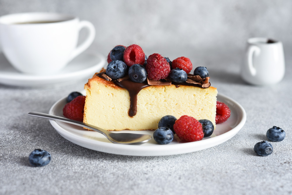slice-cheesecake-with-chocolate-sauce-berries-cup-coffee