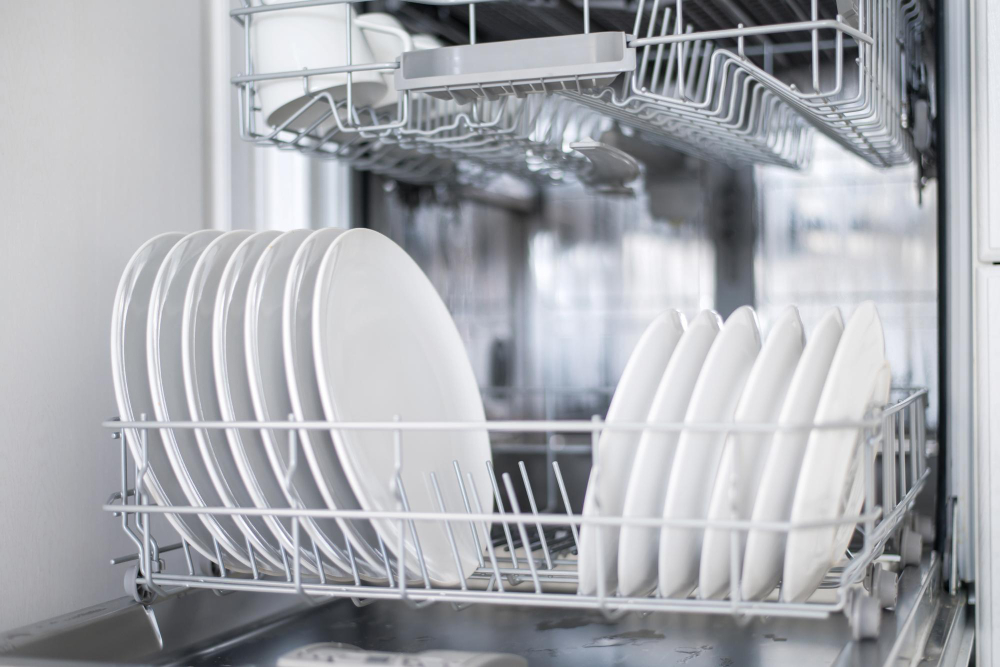 White Flat Plates Large Small Are Loaded Into Dishwasher