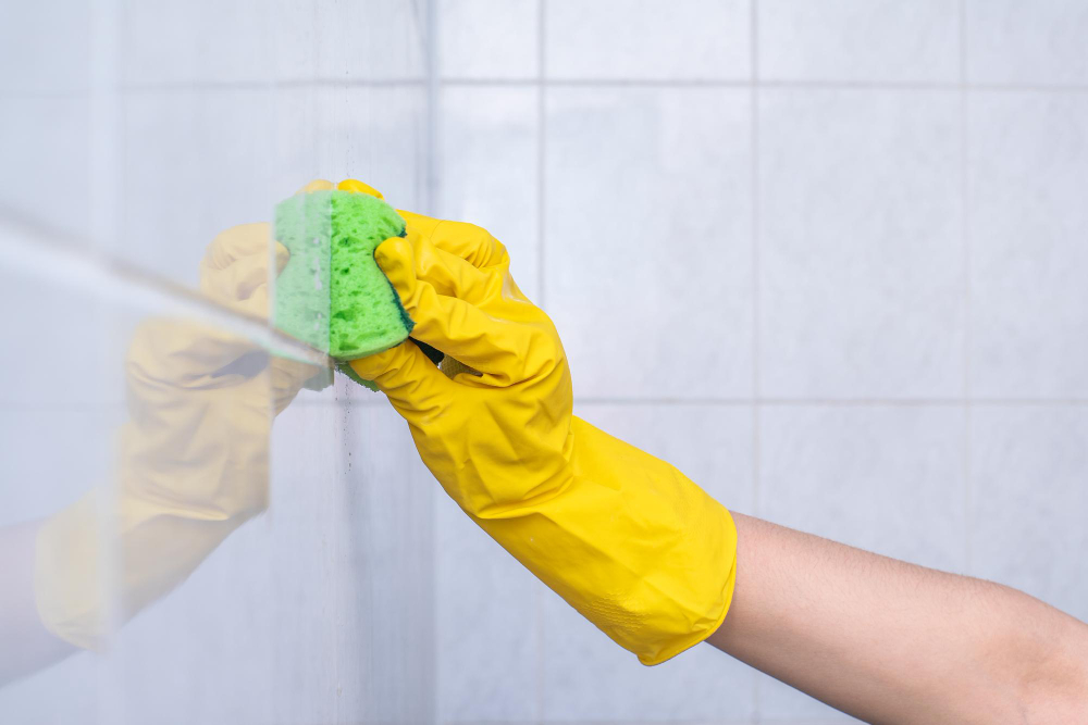 Girl Yellow Gloves Washes Tiles Bathroom Closeup