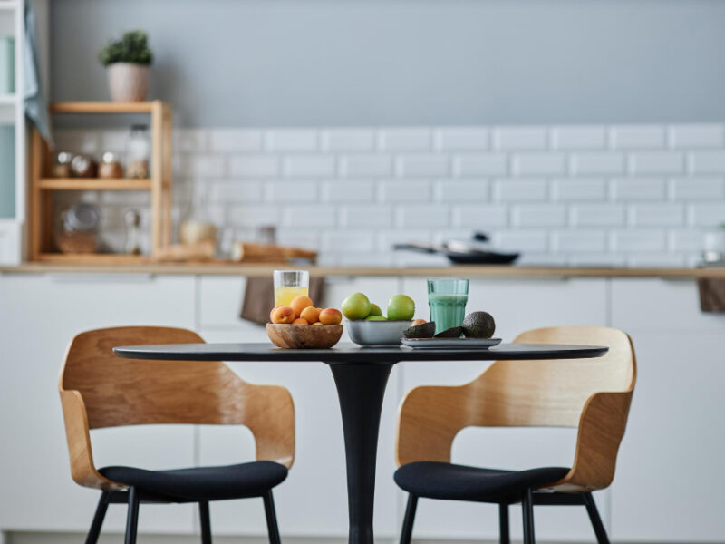 Background Image Minimal Kitchen Interior With Elegant Wooden Chairs Table Set Copy Space