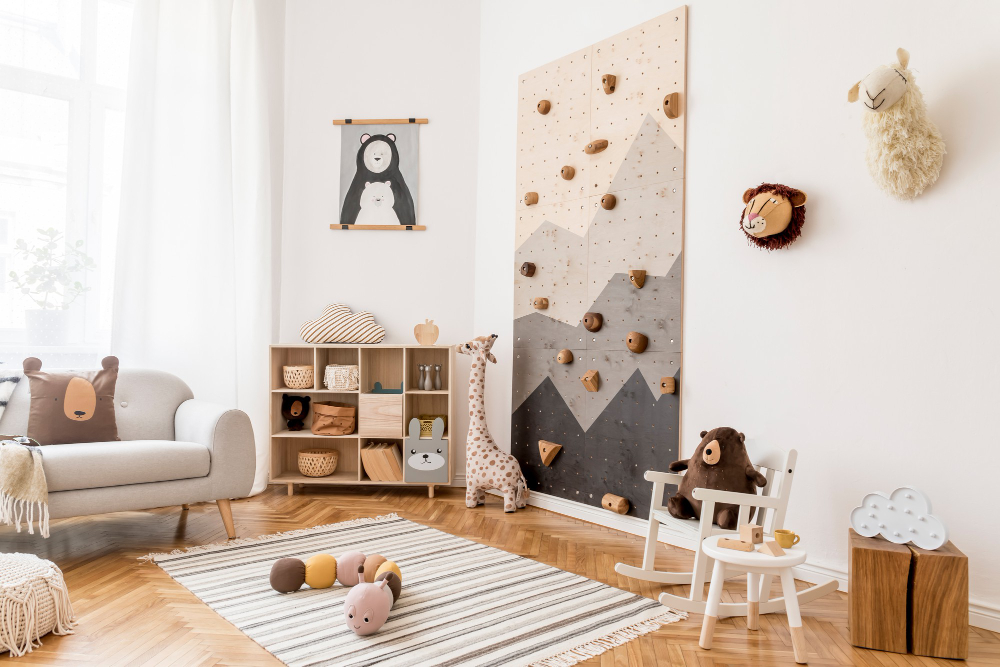 Creative Composition Stylish Cozy Child Room Interior With Plush Toys Sofa Commode Armchair Carpet Accessories