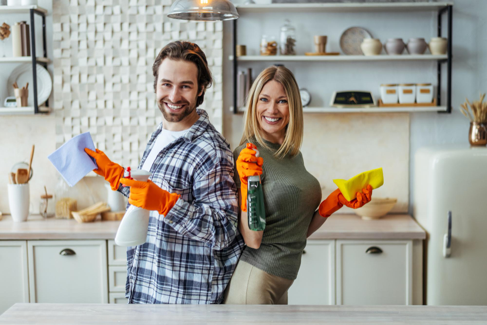 Smiling Young European Lady Guy Rubber Gloves Stand Back Back With Cleaning Supplies