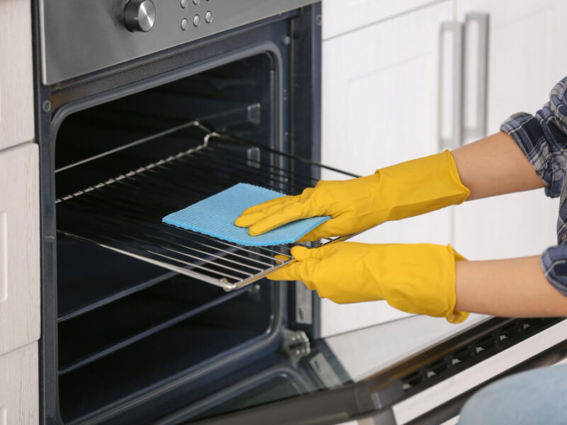 Woman Cleaning Oven Kitchen Closeup