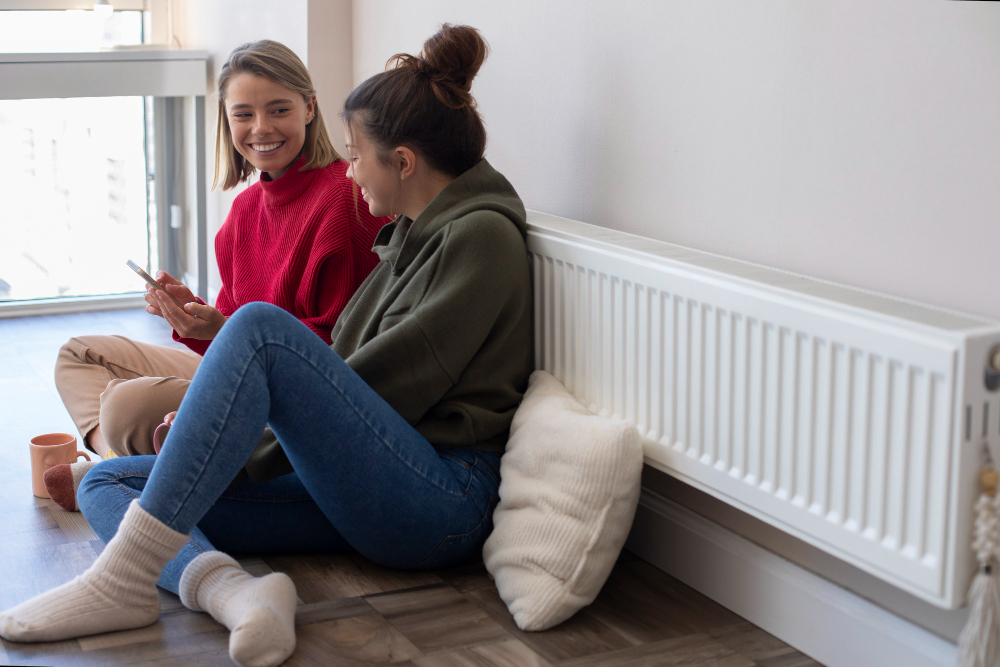 Full Shot Smiley Women With Smartphone