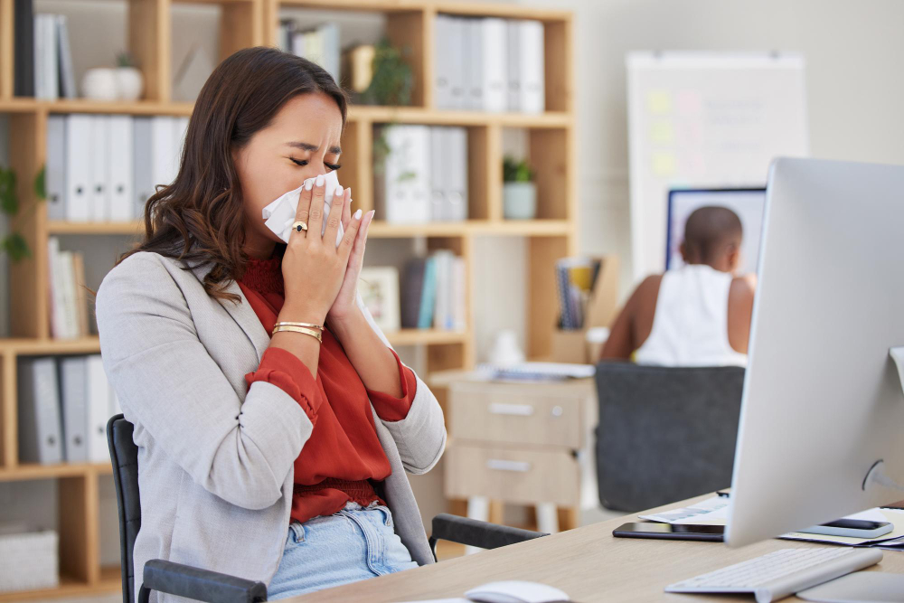 Sick Ill Sneezing Business Woman With Cold Flu Allergy While Working Office Workaholic Manager Trying Work Desk With Covid Disease Virus Bad Work Life Balance Workplace