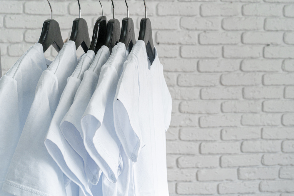 white-t-shirt-hanging-hanger-against-brick-wall