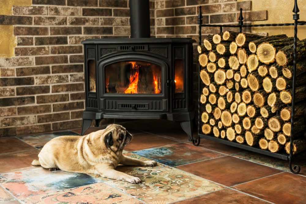 Pug Dog Lies By Fireplace House