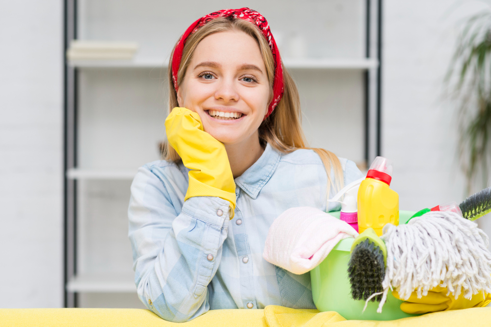 Front View Smiley Cleaning Woman