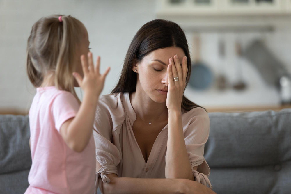 Tired Single Mother Feel Stressed Desperate About Screaming Stubborn Kid Daughter Tantrum Frustrated Depressed Young Adult Mom Annoyed By Naughty Difficult Rebellious Child Girl Problems Concept