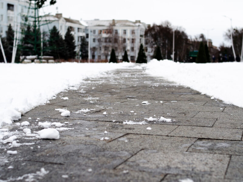 Winter Asphalt Macro Path Through Snow Sidewalk Is Winter