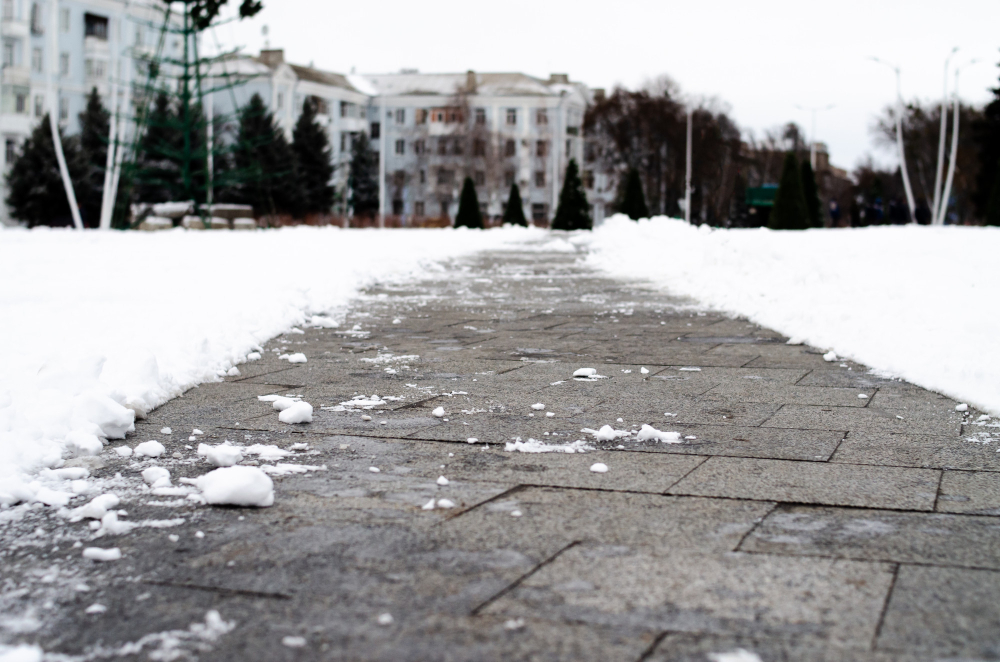 Winter Asphalt Macro Path Through Snow Sidewalk Is Winter