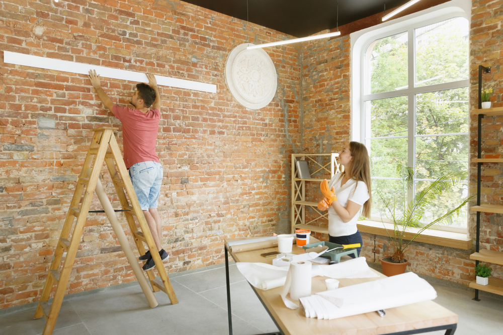 Young Couple Doing Apartment Repair Together Themselves Married Man Woman Doing Home Makeover Renovation