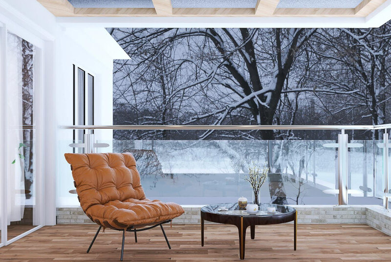 Outdoor Sitting Arrangement Scene With Chair Glass Table Curtains Snow Tree Wooden Floor