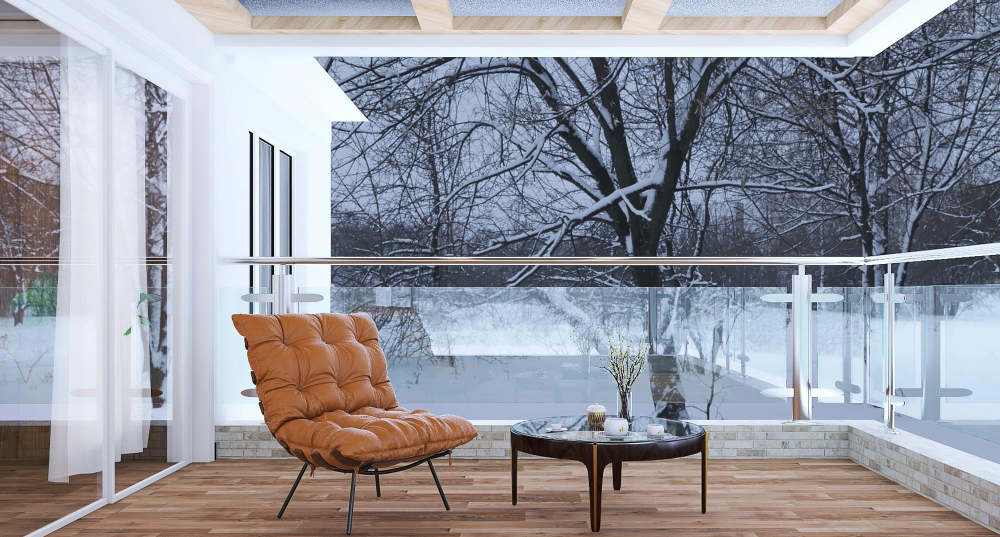 Outdoor Sitting Arrangement Scene With Chair Glass Table Curtains Snow Tree Wooden Floor