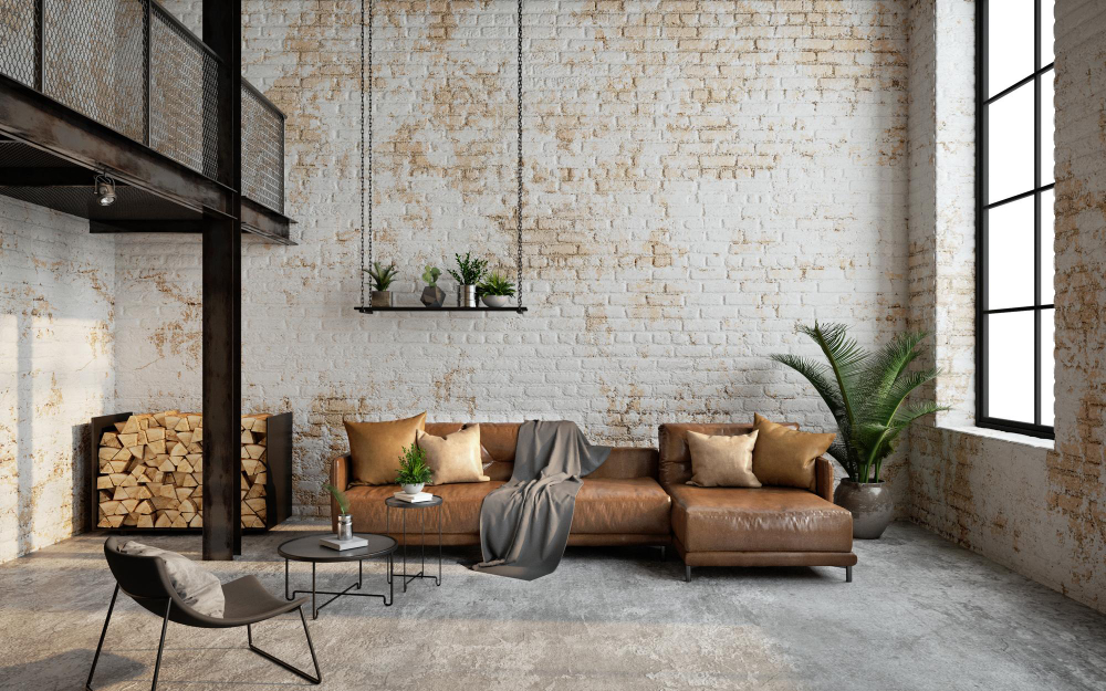 Industrial Loft Living Room Interior With Sofa Chair Brick Wall