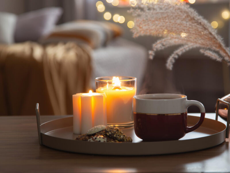 Cup Tea With Burning Candles Cozy Home