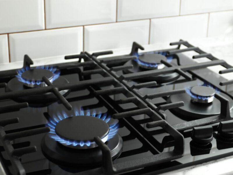 Closeup Shot Blue Fire From Domestic Kitchen Stove Top Gas Cooker With Burning Flames Propane Gas Industrial Resources Economy Concept