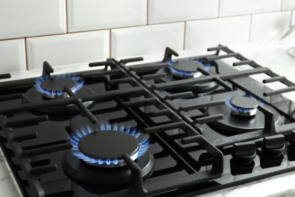 Closeup Shot Blue Fire From Domestic Kitchen Stove Top Gas Cooker With Burning Flames Propane Gas Industrial Resources Economy Concept