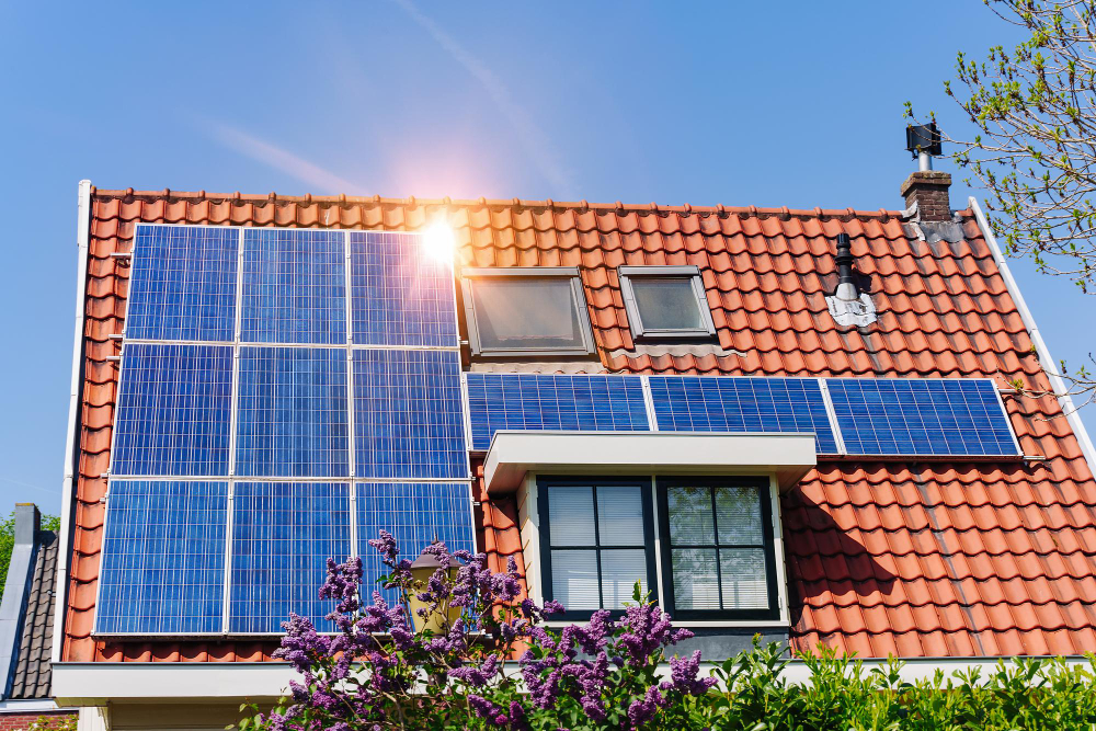 Solar Panel Red Roof Reflecting Sun Cloudless Blue Sky