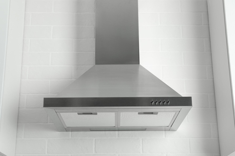 Modern Range Hood White Brick Wall Kitchen