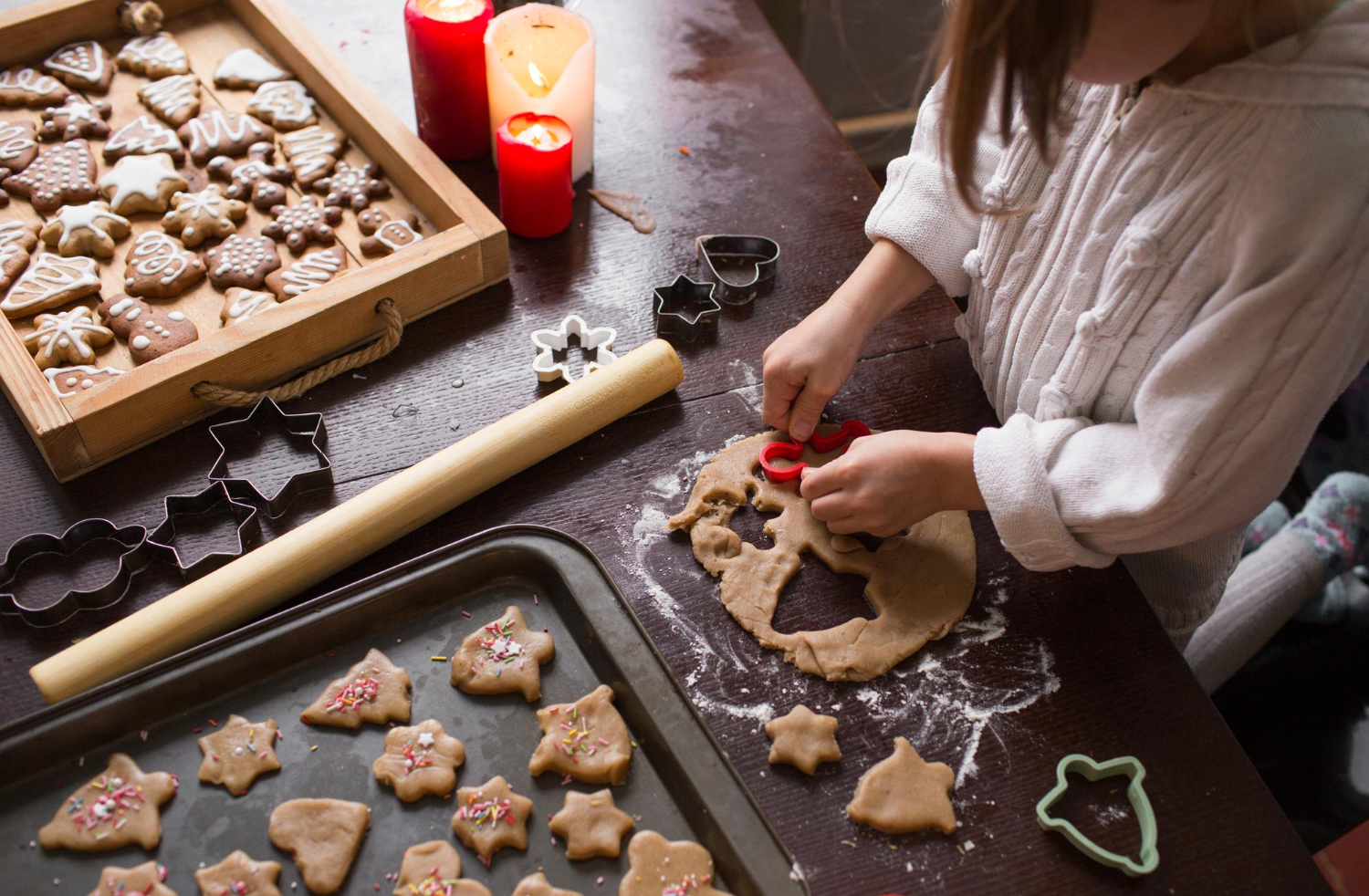 Cute Little Girl Makes Christmas Cookies Table Closeup Wonderful Moments Preparation Holiday