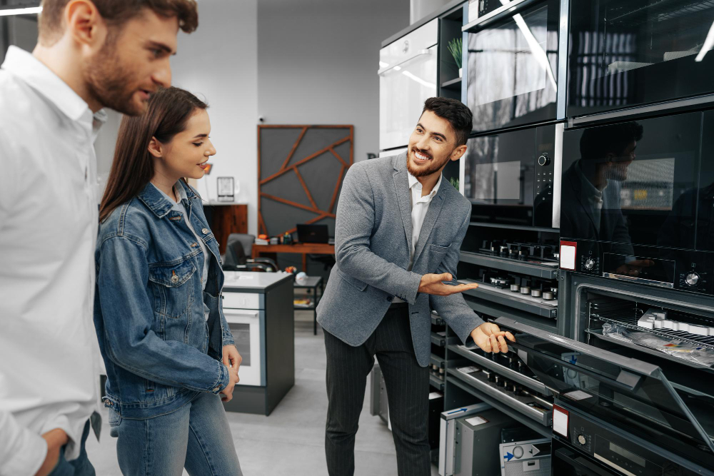 Male Shop Assistant Helps Young Couple Choose New Home Appliance