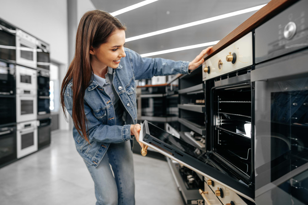 Young Woman Looking New Electric Oven Shopping Mall