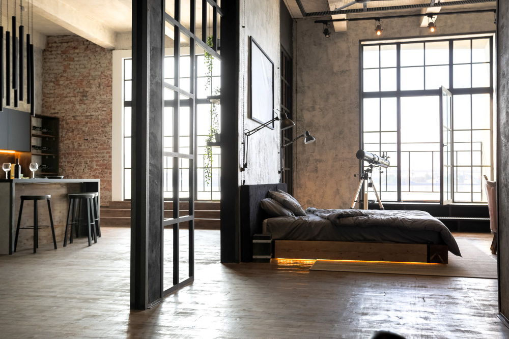 Luxury Apartment Loft Style Dark Colors Stylish Modern Bedroom