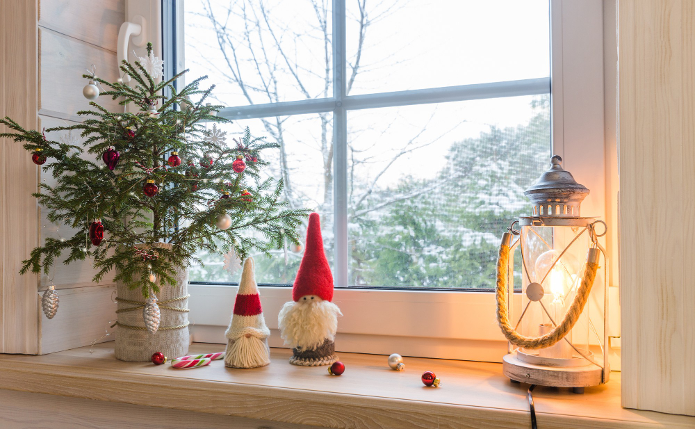 Christmas Lantern Christmas Gnome Christmas Tree Red Decor Window Wooden House Overlooking Winter Garden Christmas Composition