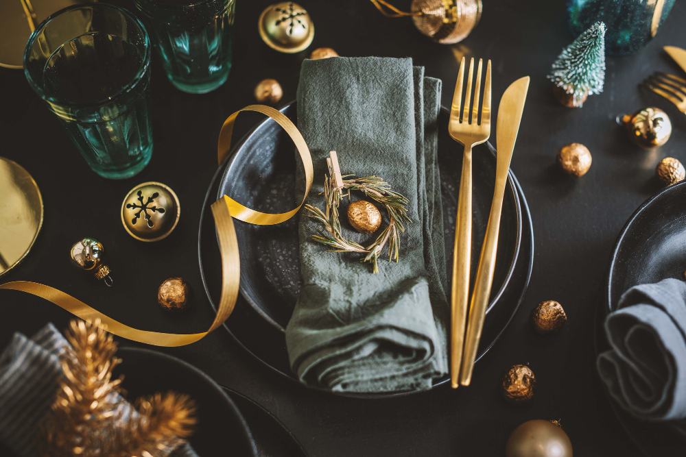 Served Christmas Table Setting Dark Tones With Golden Deco