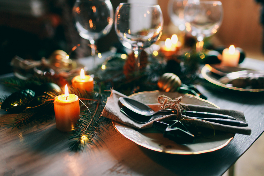 Table Served Winter Dinner Living Room Close Up View Table Setting Christmas Winter Decorations