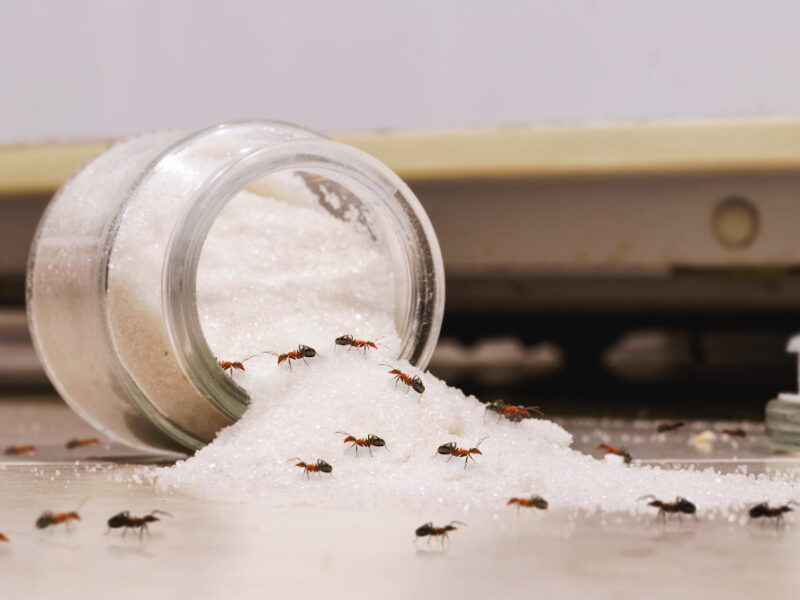 Sugar Jar Lying Kitchen Floor With Red Candy Ants Crawling Across Floor Pest Problems Indoors