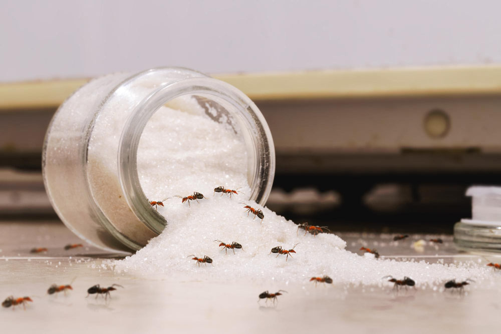 Sugar Jar Lying Kitchen Floor With Red Candy Ants Crawling Across Floor Pest Problems Indoors