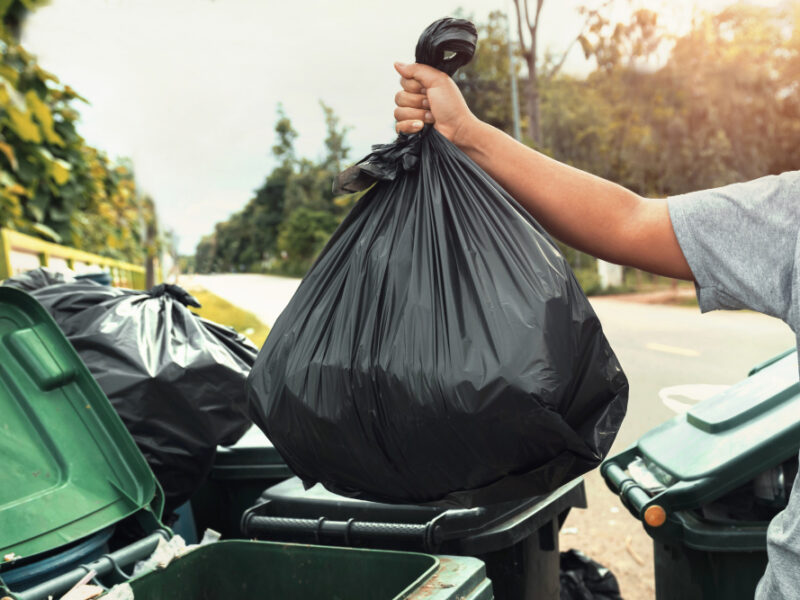 Woman Hand Holding Garbage Black Bag Cleaning Trash