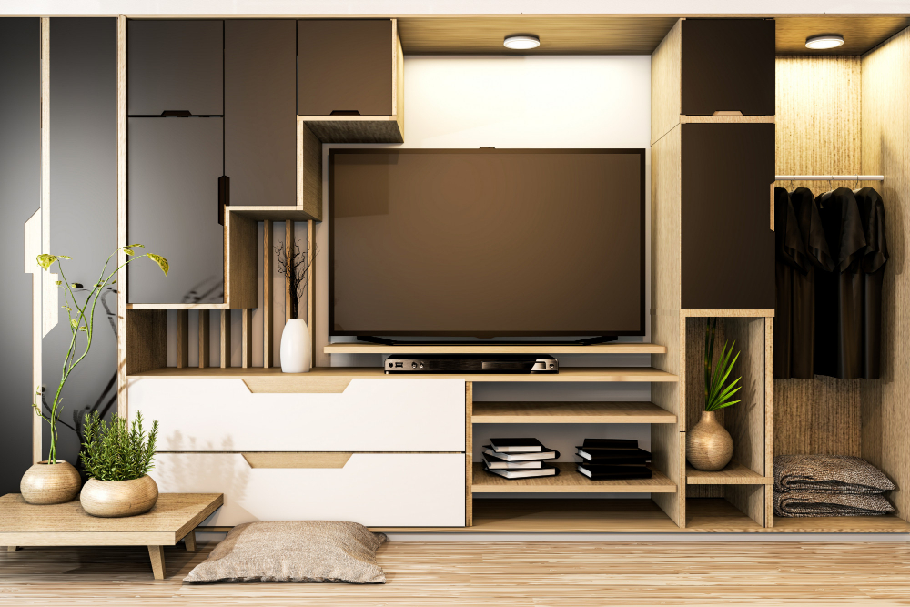 Cabinet Tv Mix Wardrobe Shelf Wooden Japanese Style Decoration Plants Shelf 3d Rendering