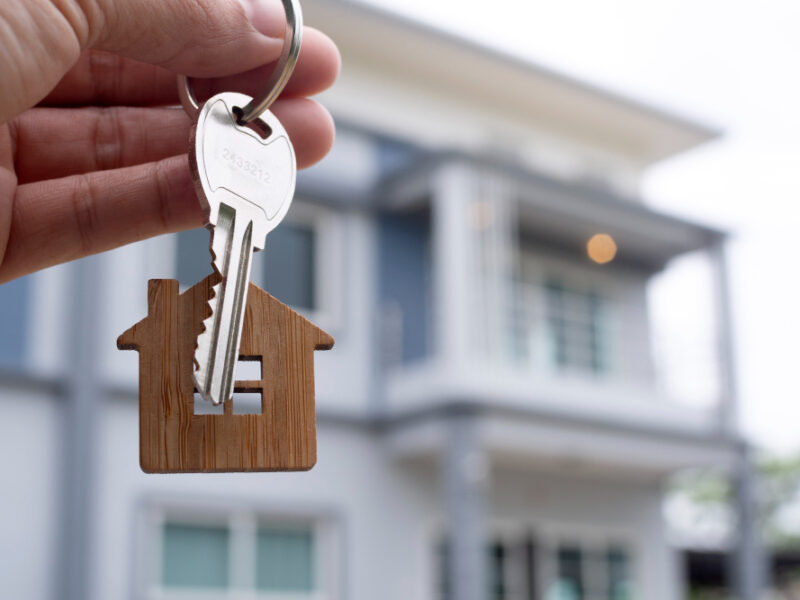 Landlord Unlocks House Key New Home Real Estate Agents Sales Agents